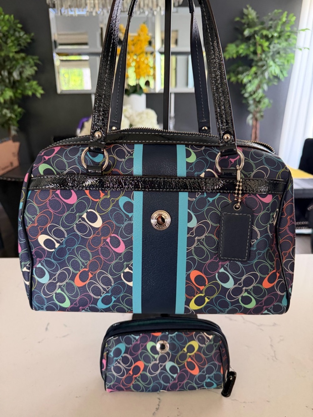 Coach Multicolor Logo Satchel with Black Patent Trim and Teal Stripes W Pouch - Picture 2 of 9